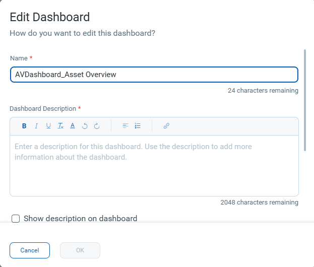 Edit dashboard window