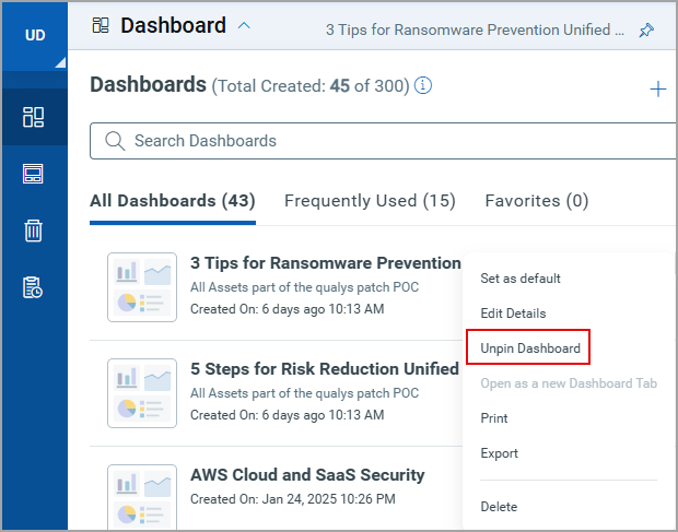 Unpin dashboard