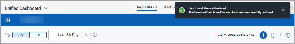Dashboard restored successfully notification