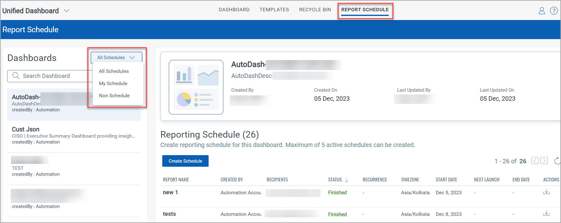 Dashboard schedules option in the Report Schedule tab.