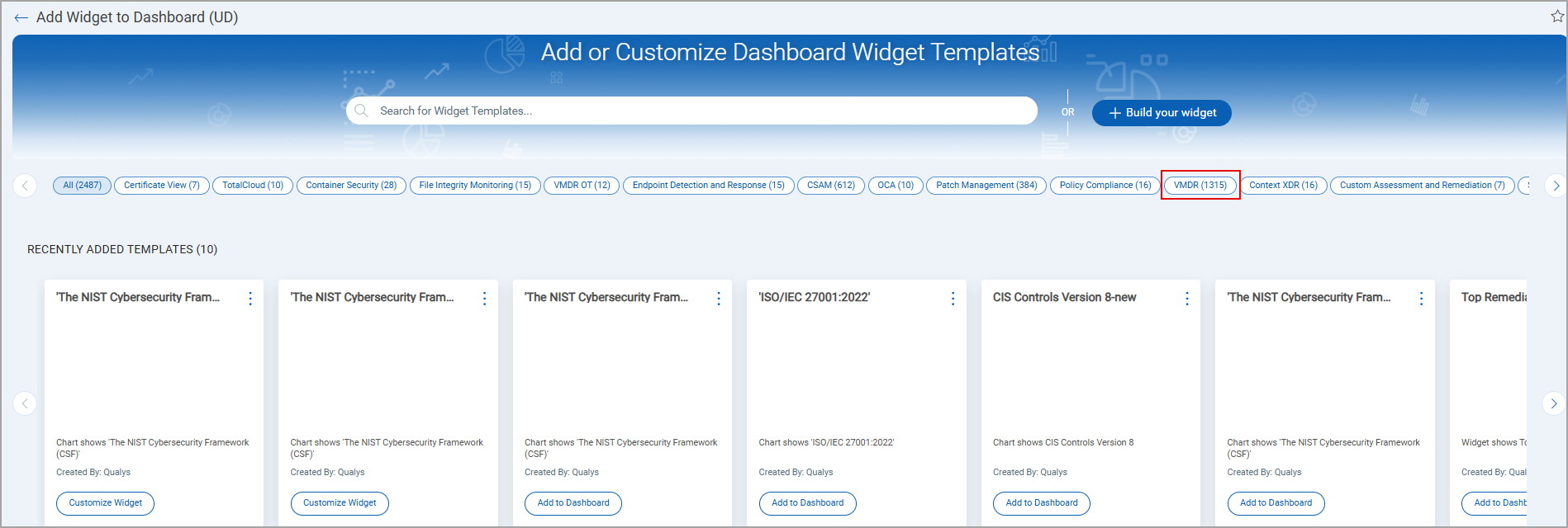 Selection of VMDR app that displays VMDR specific widget templates.