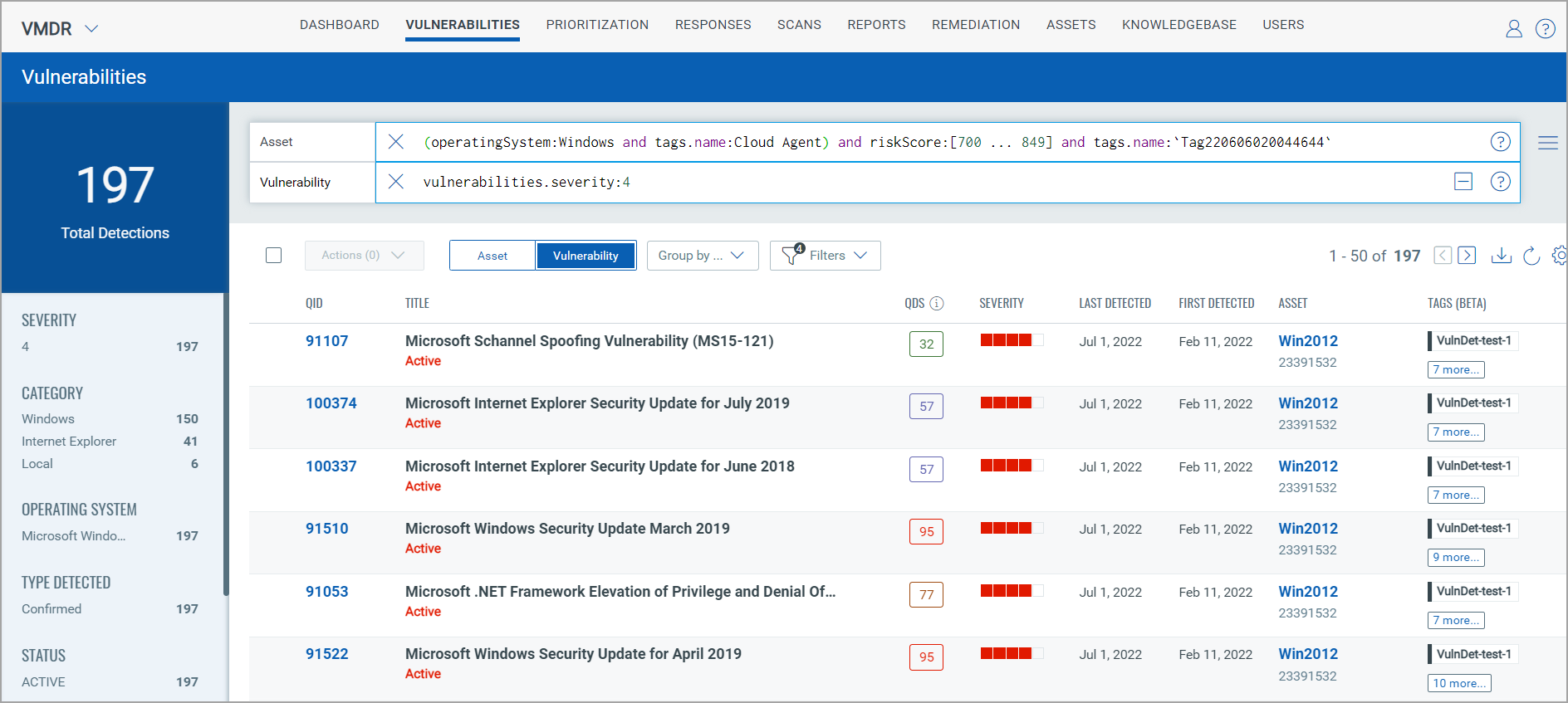 Vulnerabilities page after selecting inner circle of bubble widget