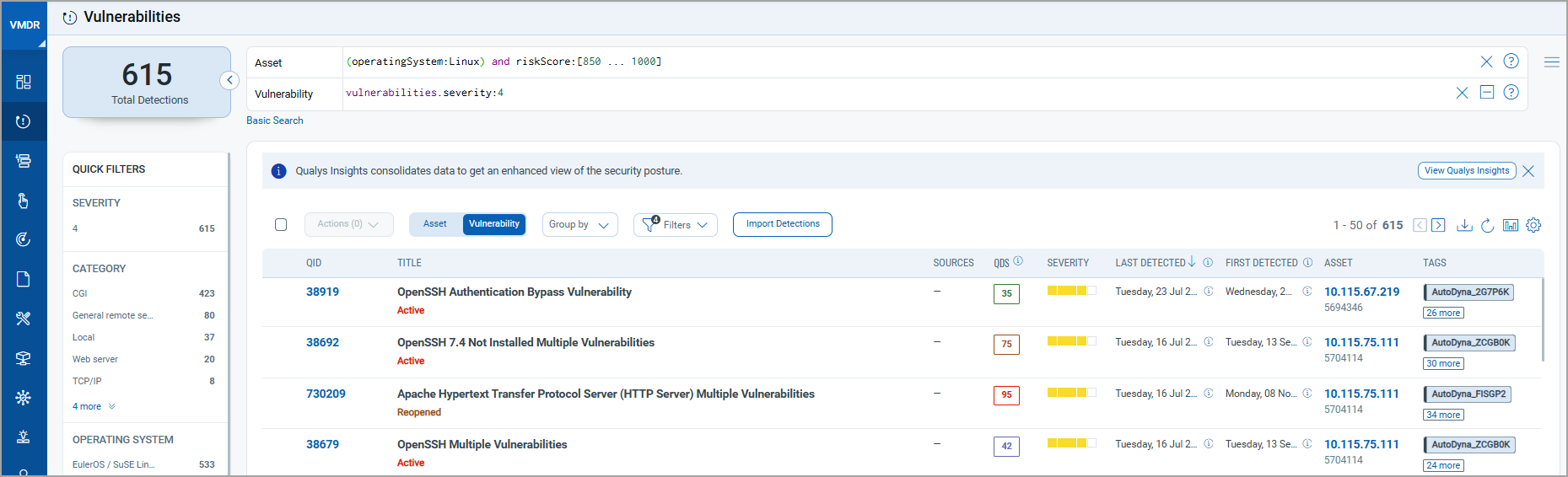 Vulnerabilities page after selecting inner circle of bubble widget