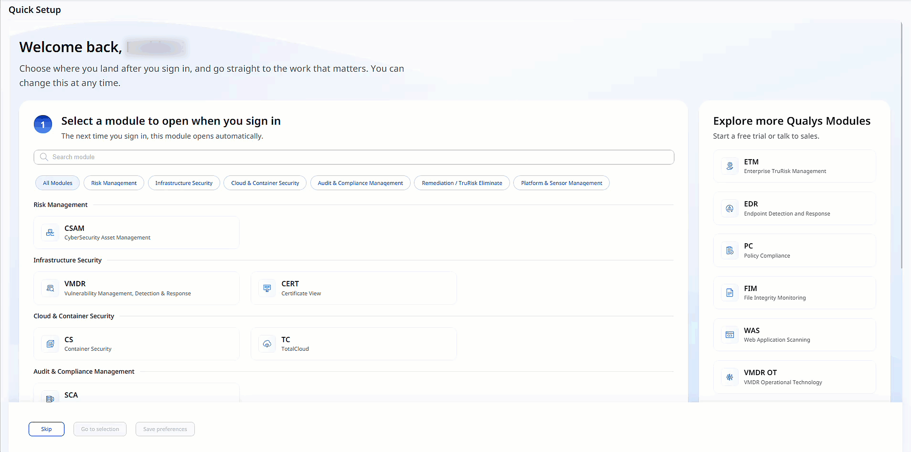 Quick Setup landing page with modules grouped by category