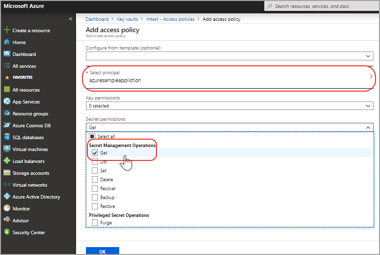 Get permission enabled for the application under Secret permissions in Add access policy.