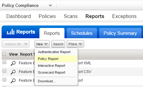 New Policy Report menu option