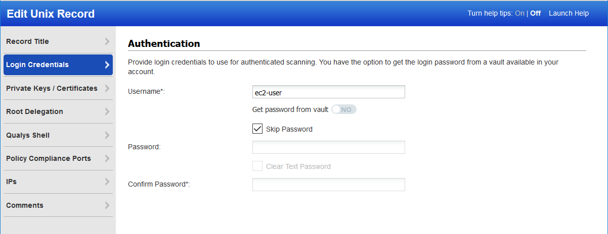 Unix record with Skip Password option selected