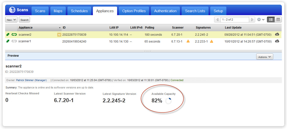 Appliances tab with Available Capacity in Preview Pane