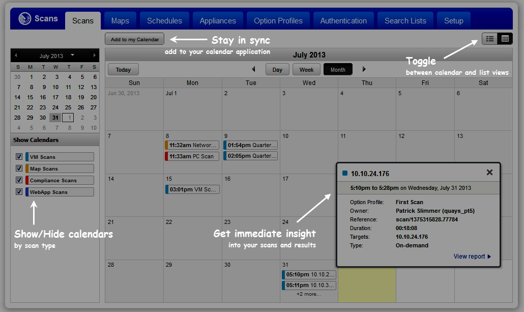 Calendar view on Scans tab