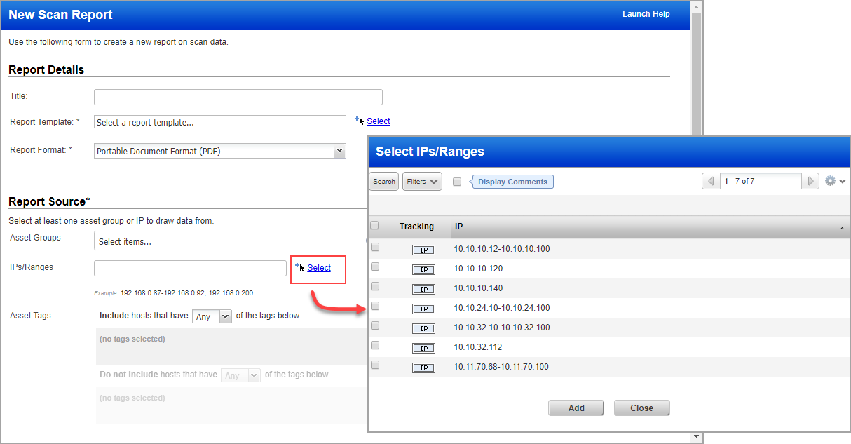 Select IPs/Ranges window