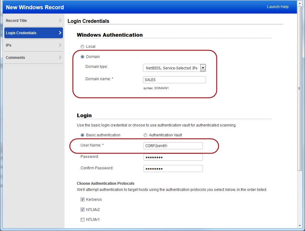 Sample Windows Authentication Record with Domain type NetBIOS, Service Selected IPs and Domain Name Sales and User Name CORP\bsmith