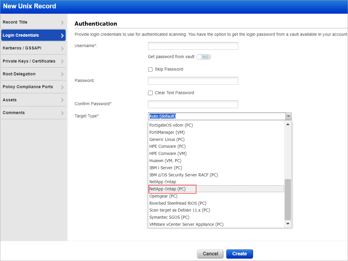 Selecting the target type as Netapp ontap.