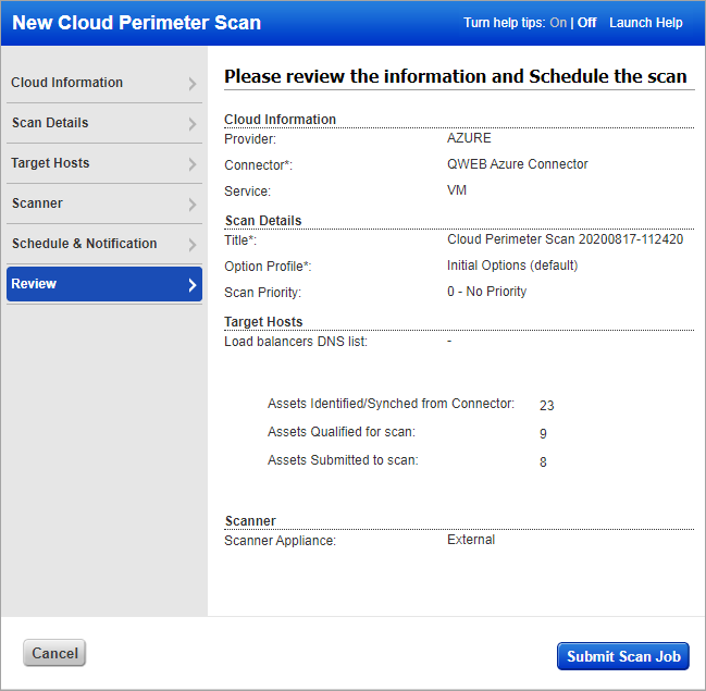 Review scan settings for Azure VM scan.