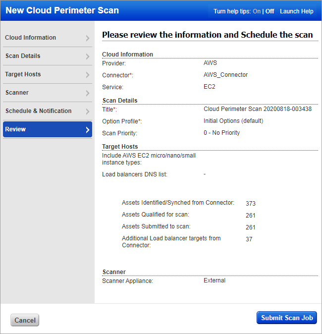 Review scan settings for EC2 Scan.