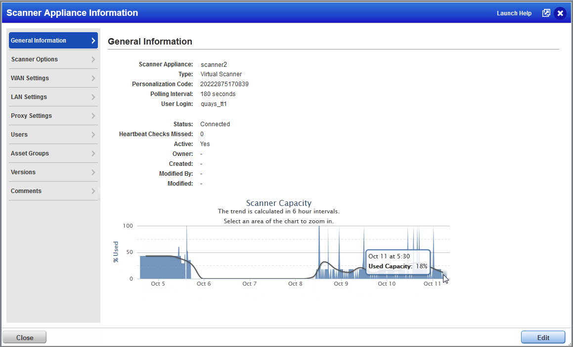 Scanner Capacity in Scanner Appliance Information window