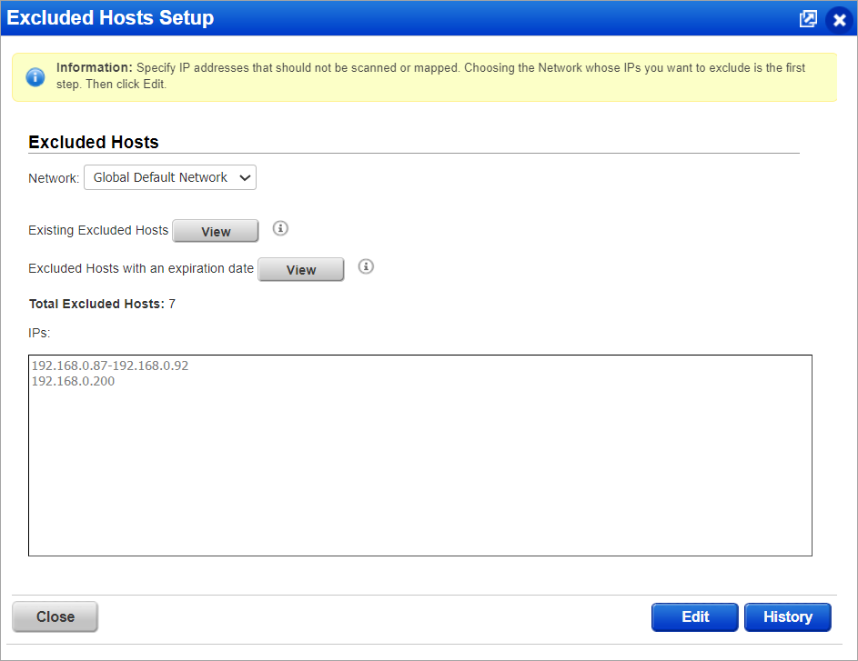 Excluded host setup window