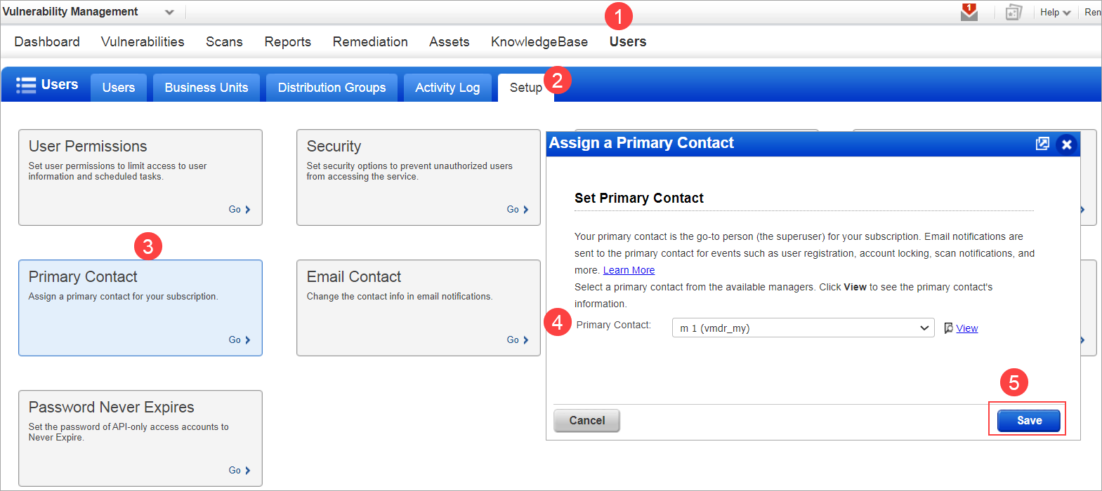 Selecting the primary contact from the User setup.