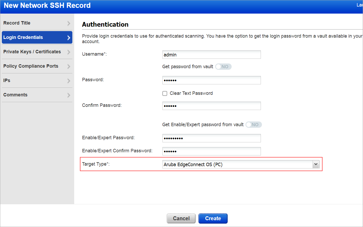 Select the target type as Aruba EdgeConnect OS (PC).