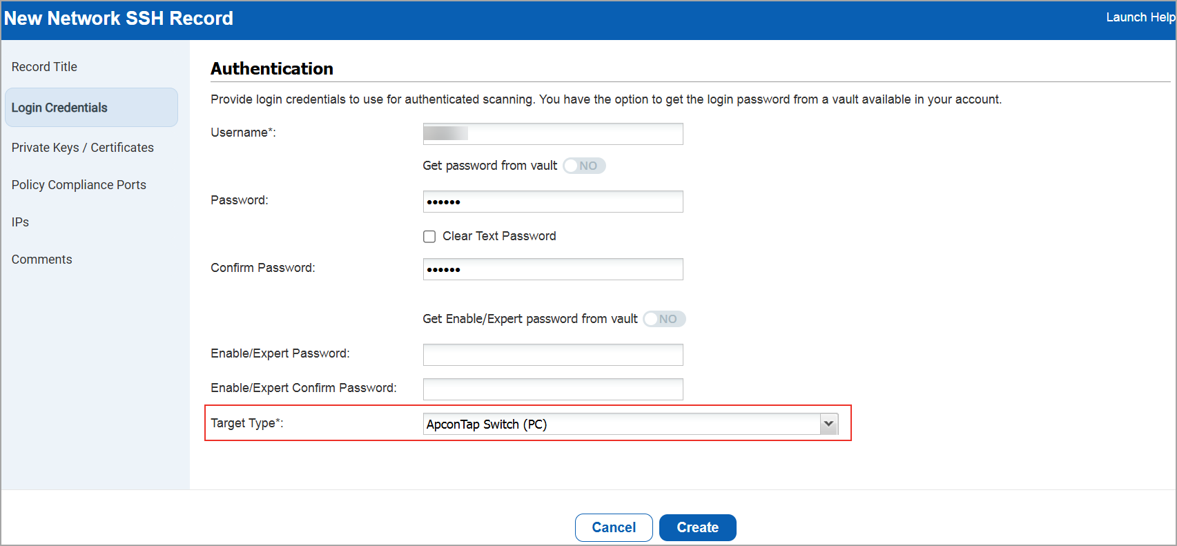 Select ApconTap switch in target type.