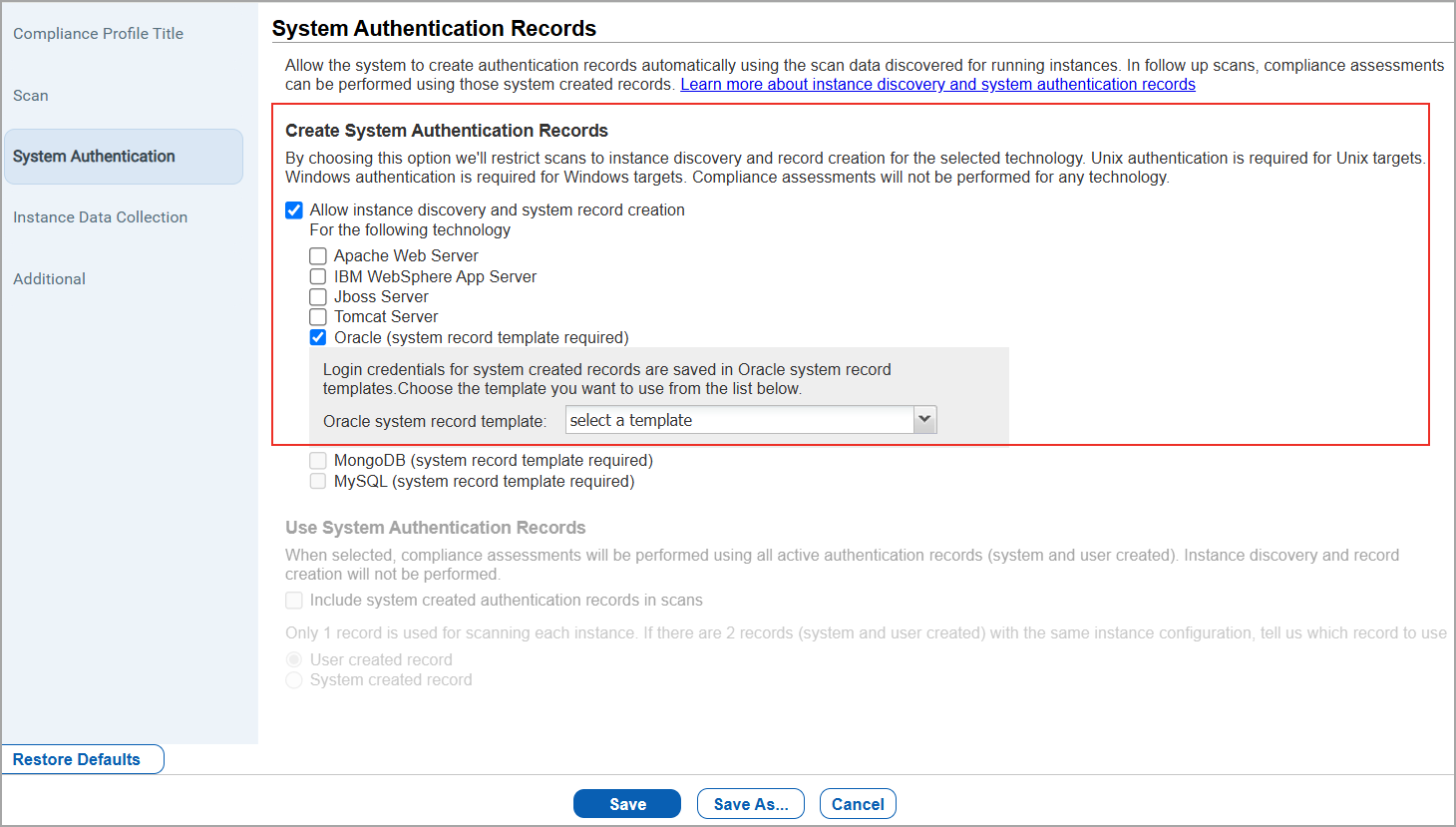 profile with Allow instance discovery and system record creation enabled.