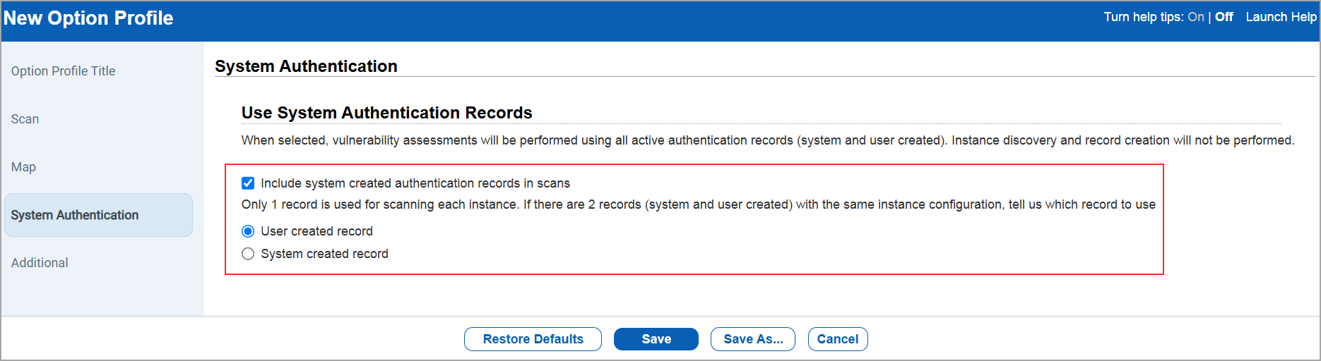 profile with Include system created authentication records in scans enabled