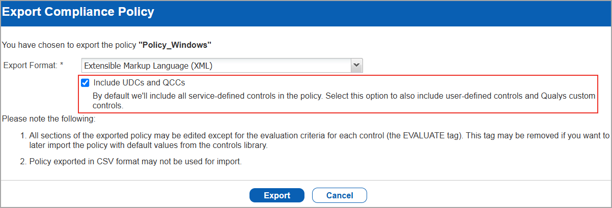 Export Policy with Include UDCs and QCCs checkbox selected