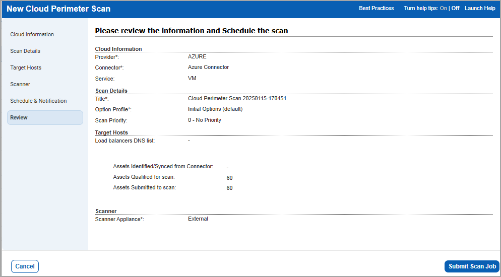 Review scan settings for Azure VM scan.