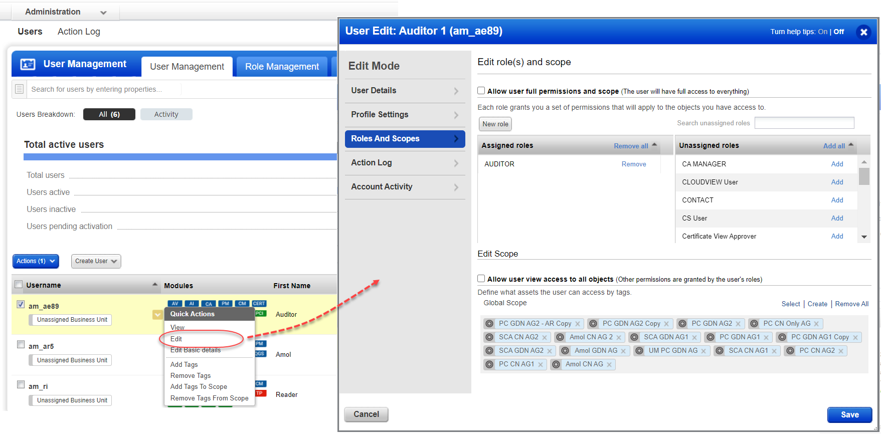 Edit User to add or remove tags