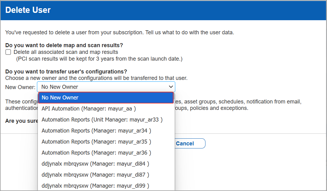 Option to transfer user configurations in Delete User window