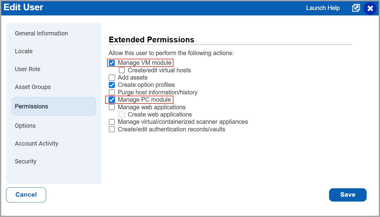 Manage VM module selected under Extended Permissions on Edit User page