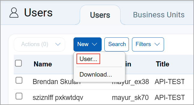 New User option on Users tab