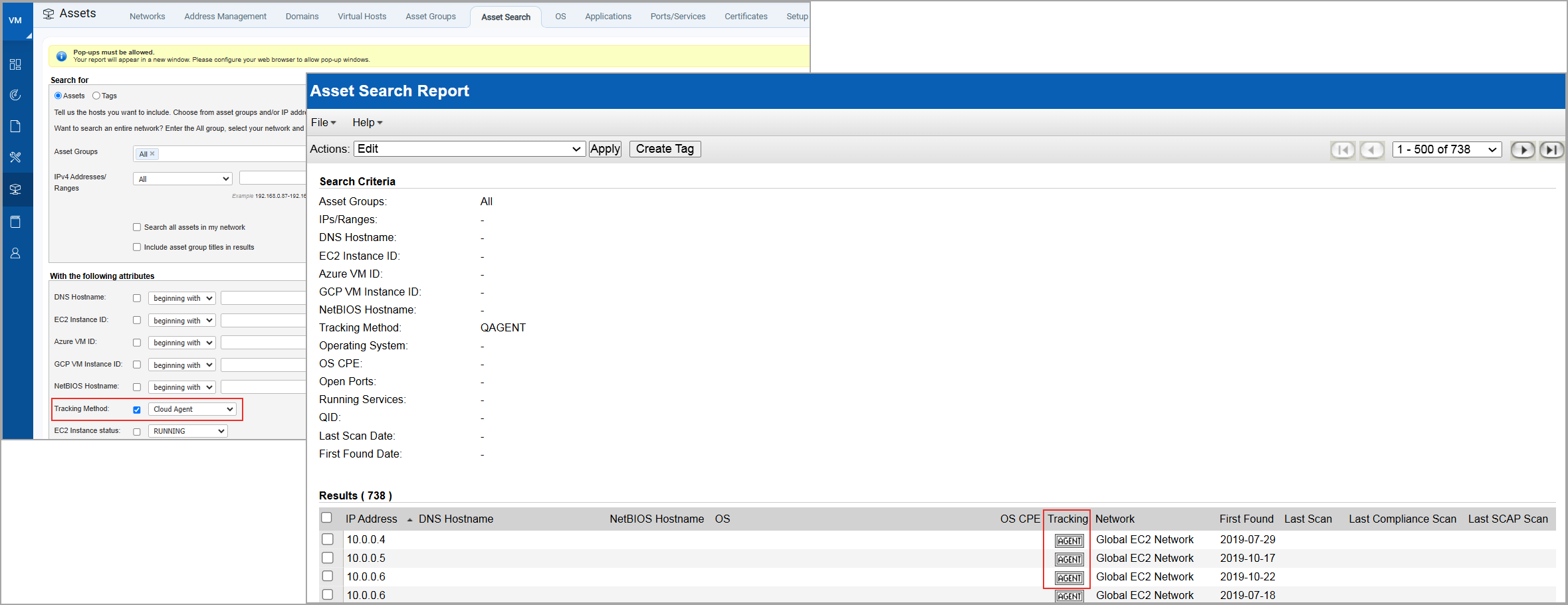Asset Search Report based on tracking method