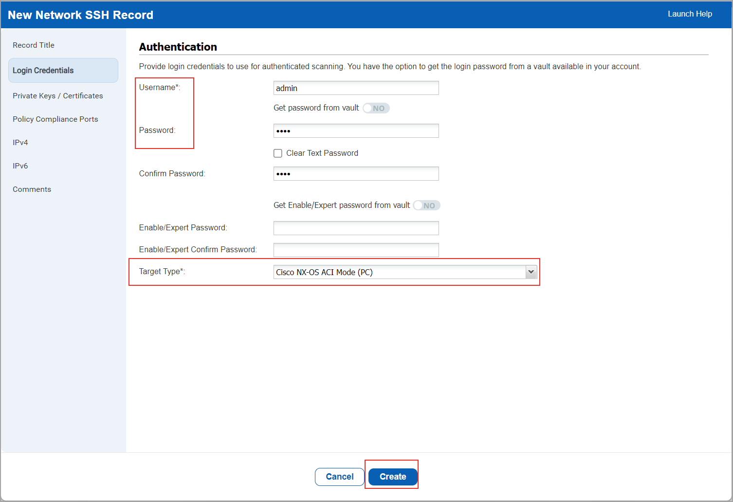 Selecting the target type as CiscoNX-OS.