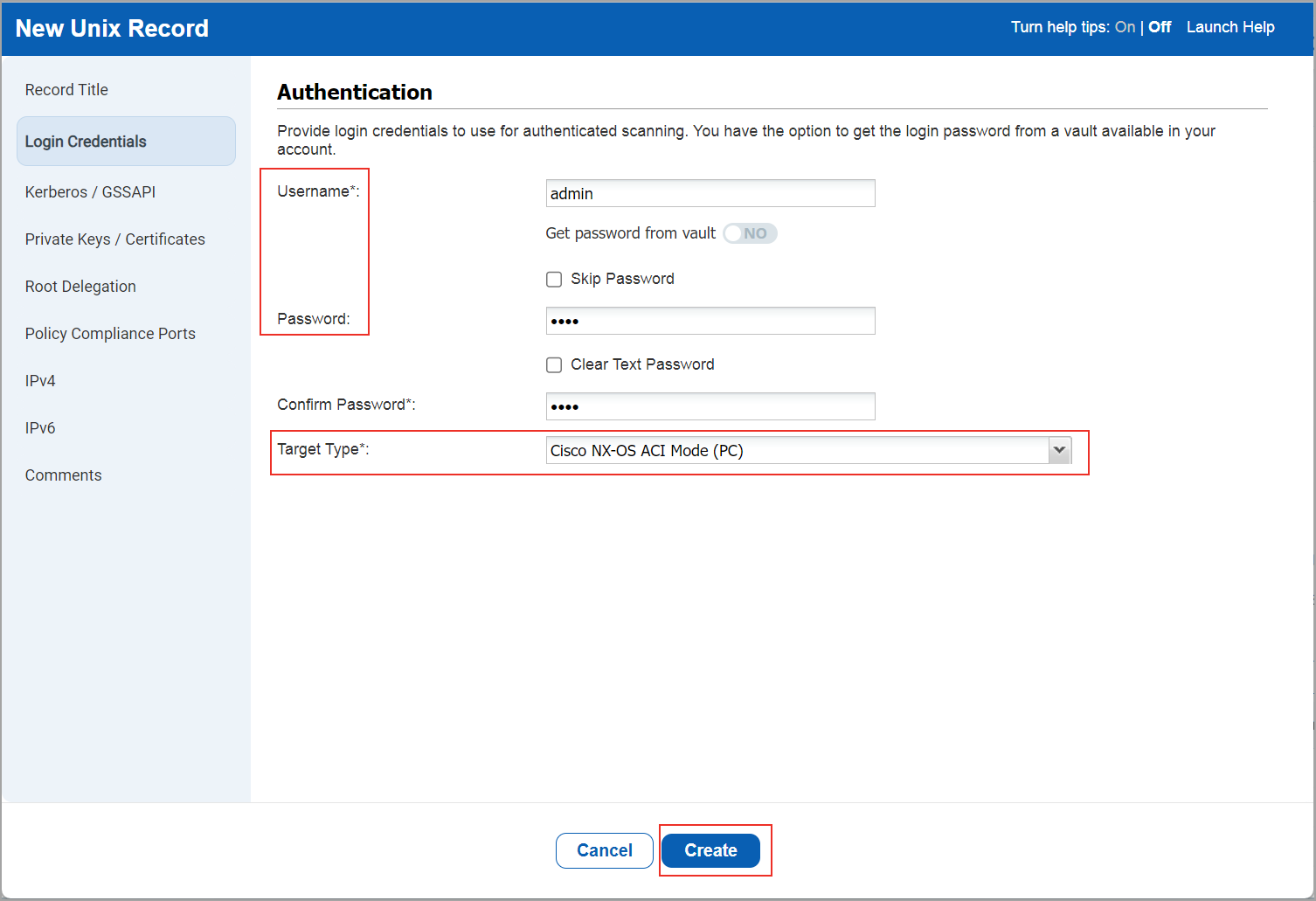 selecting the target type as Cisco NX-OS.