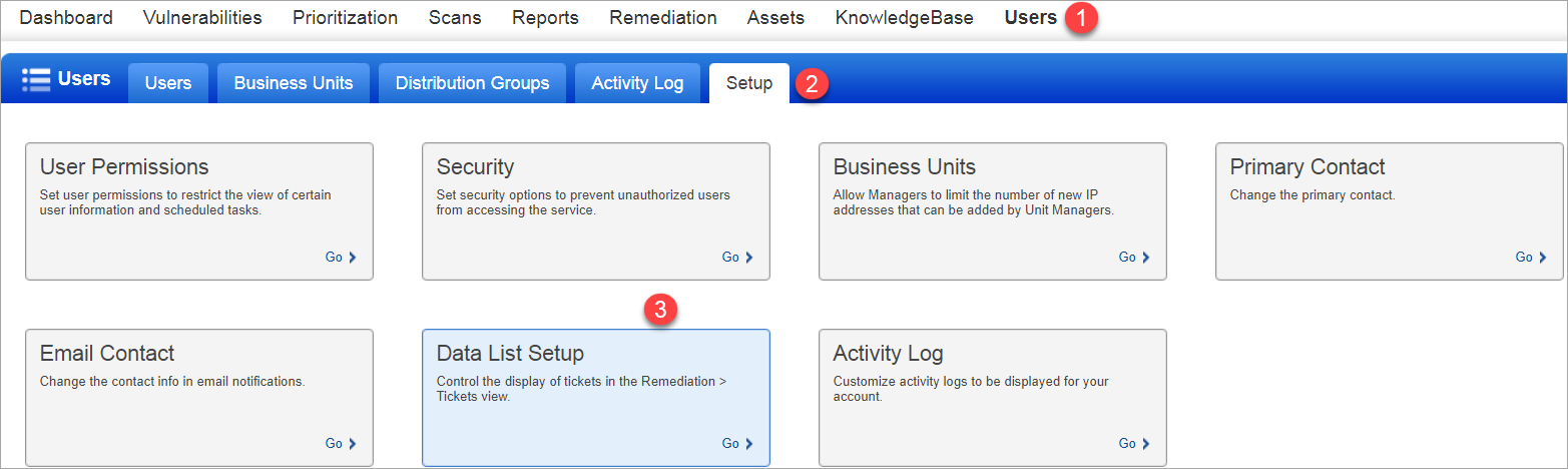 Dashboard showing the Data list setup.