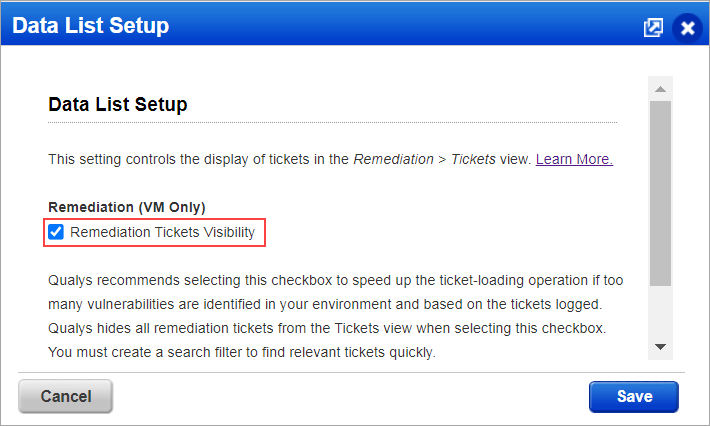Data list setup for Remediation ticket.