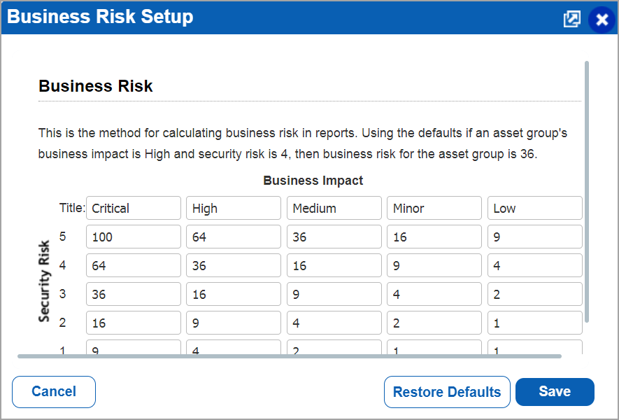 Business risk setup window