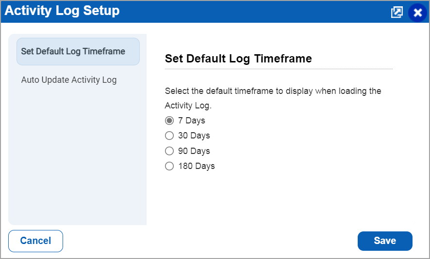 Activity log setup window