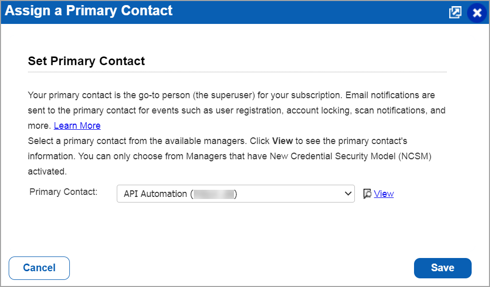 Change primary contact window