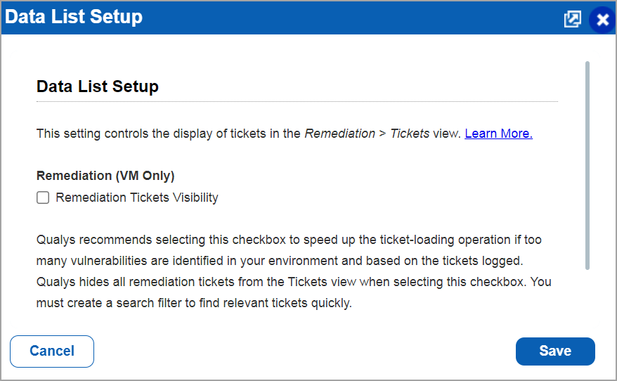 Data list setup window