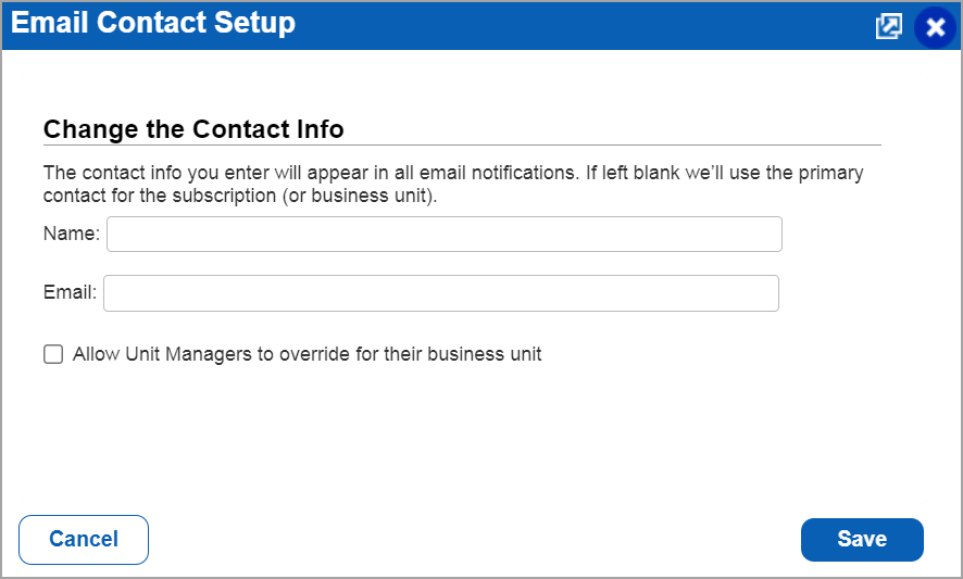 Email contact setup window