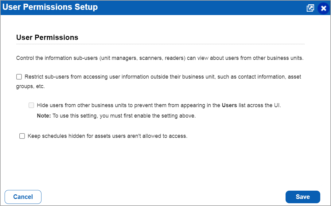 User permissionss setup window