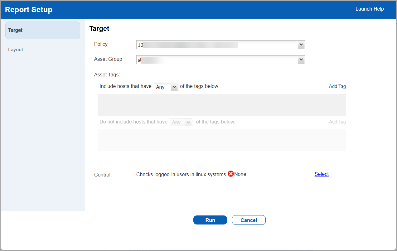 Report setup window with policy, asset group, and controls added.