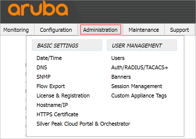 Selecting administrator in Aruba management console.