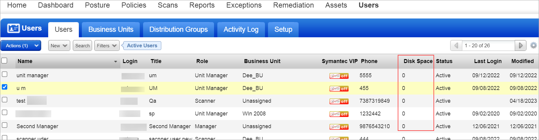 Disk space column shows the amount of disk space the user is using.