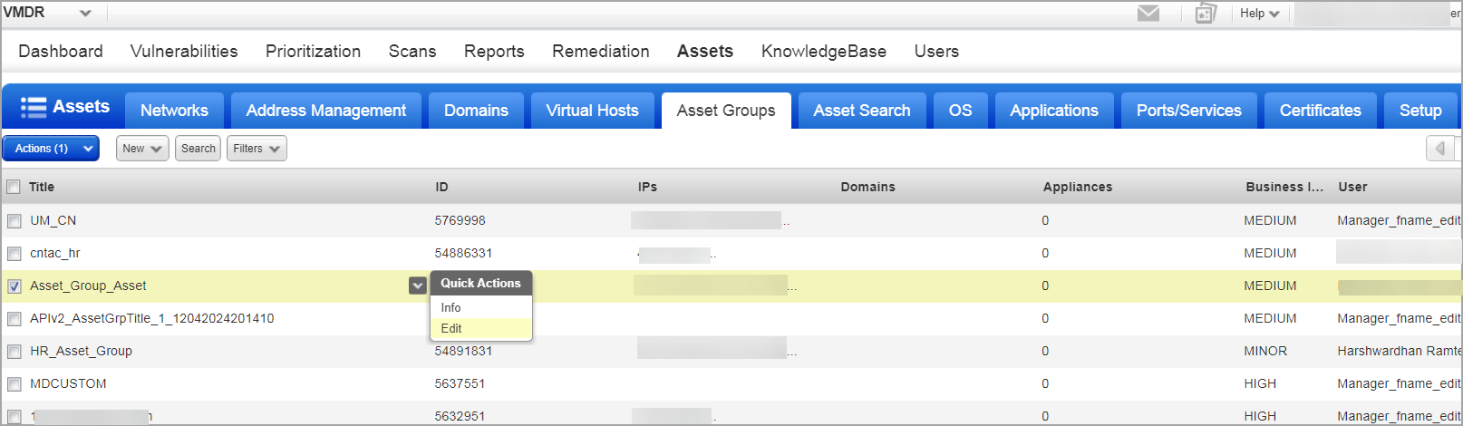 Selecting the asset group to check the impact.