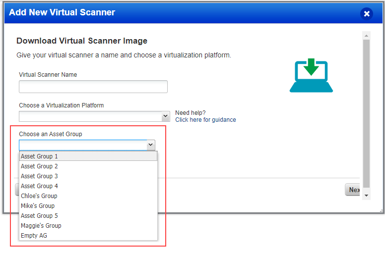 Choose an asset group for virtual scanner from list of all groups
