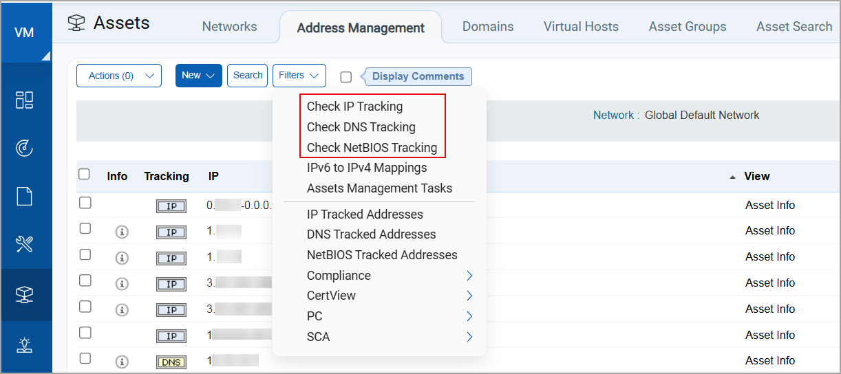 Filters list displaying Check IP, DNS, and NetBIOS tracking options.