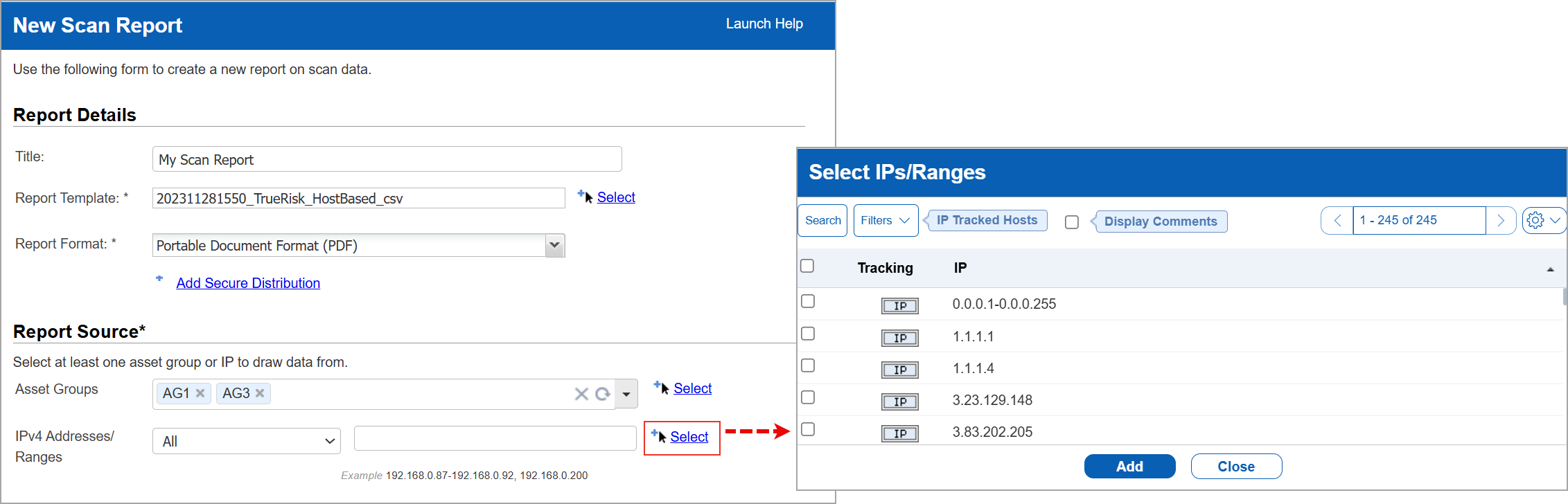 Select IPs/Ranges window