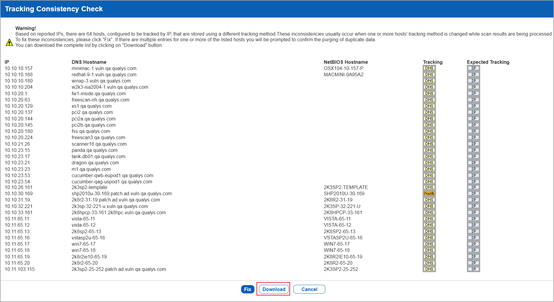 Download option in the tracking consistency check window.